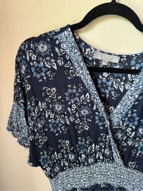 J Gee Navy Floral Midi Dress with Smocked Waist